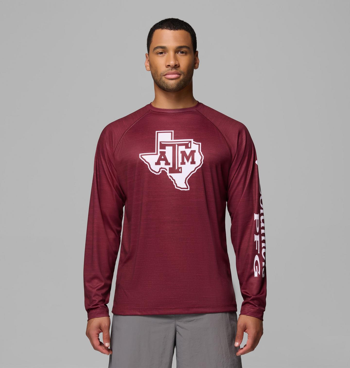 Мужская рубашка Columbia Collegiate PFG Terminal Tackle Heather Long Sleeve Shirt - Texas A&M, цвет: Тёмно-бордовый меланжевый — фото 1