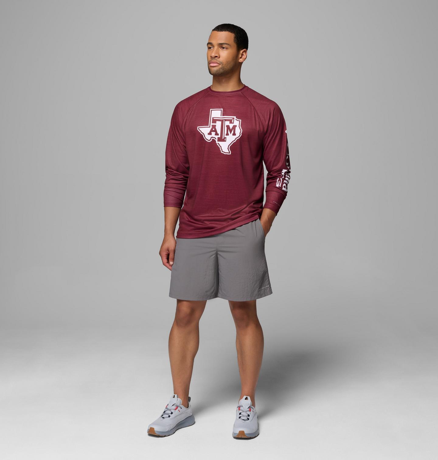 Мужская рубашка Columbia Collegiate PFG Terminal Tackle Heather Long Sleeve Shirt - Texas A&M, цвет: Тёмно-бордовый меланжевый — фото 2