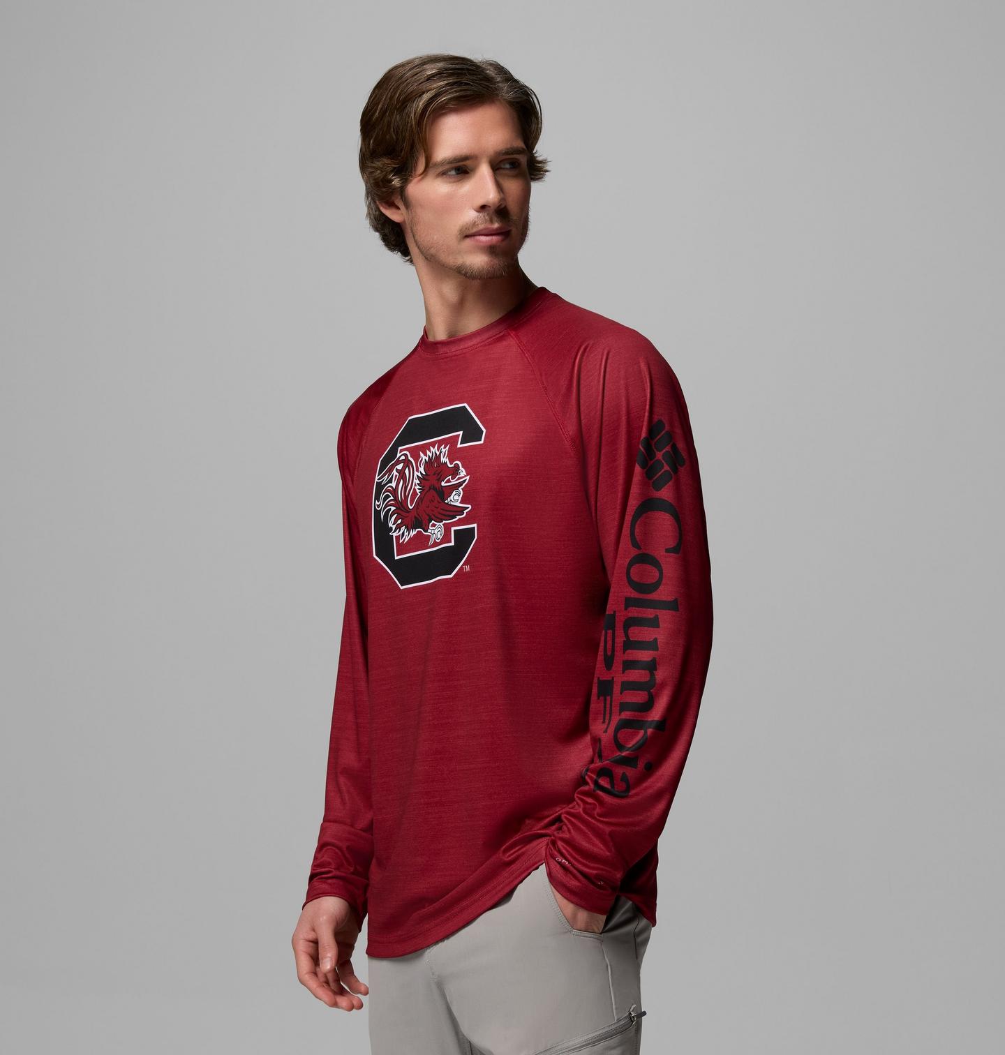 Мужская рубашка Columbia Collegiate PFG Terminal Tackle Heather Long Sleeve Shirt - South Carolina, цвет: Свекольный меланжевый — фото 3