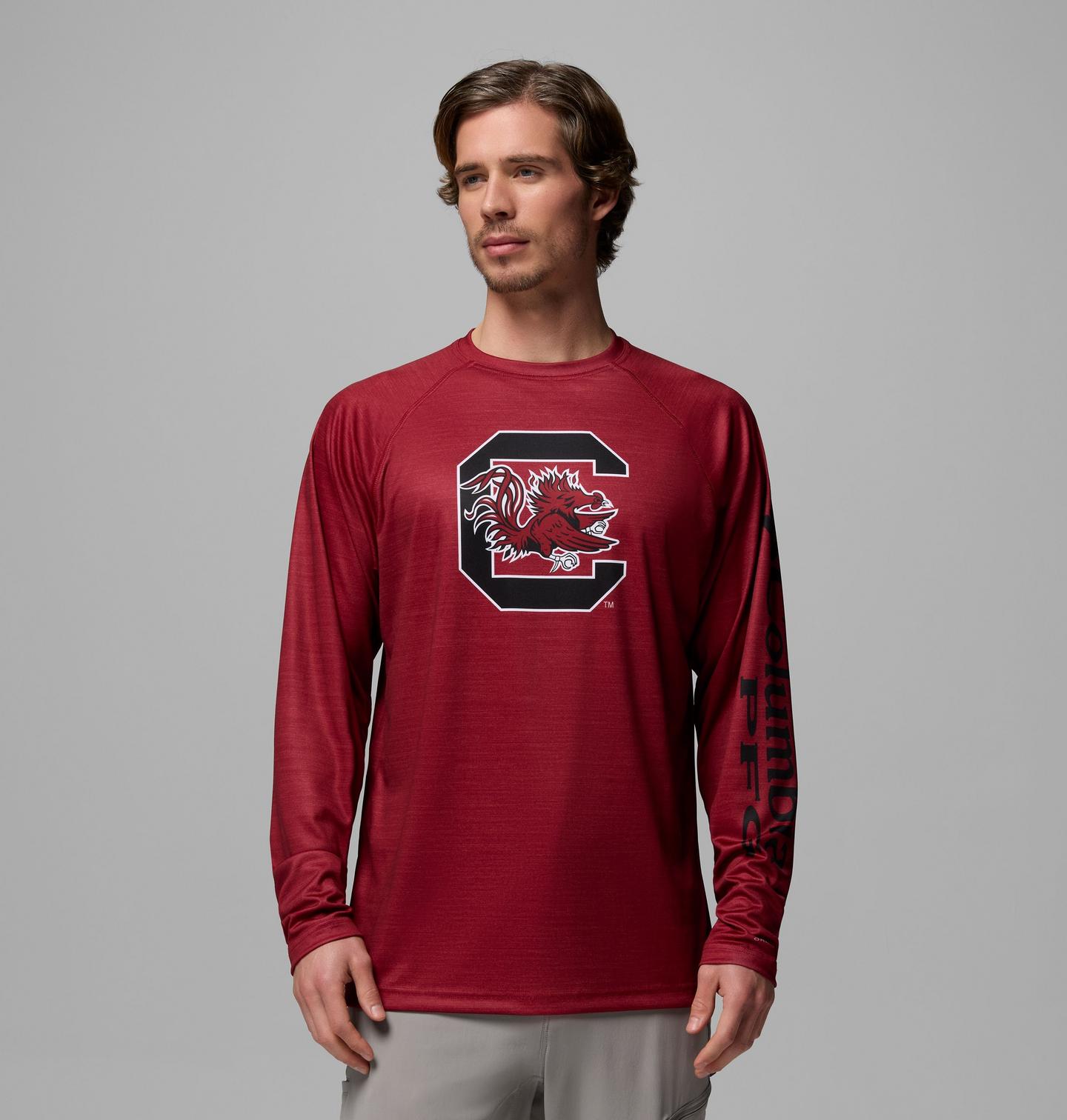 Мужская рубашка Columbia Collegiate PFG Terminal Tackle Heather Long Sleeve Shirt - South Carolina, цвет: Свекольный меланжевый — фото 1