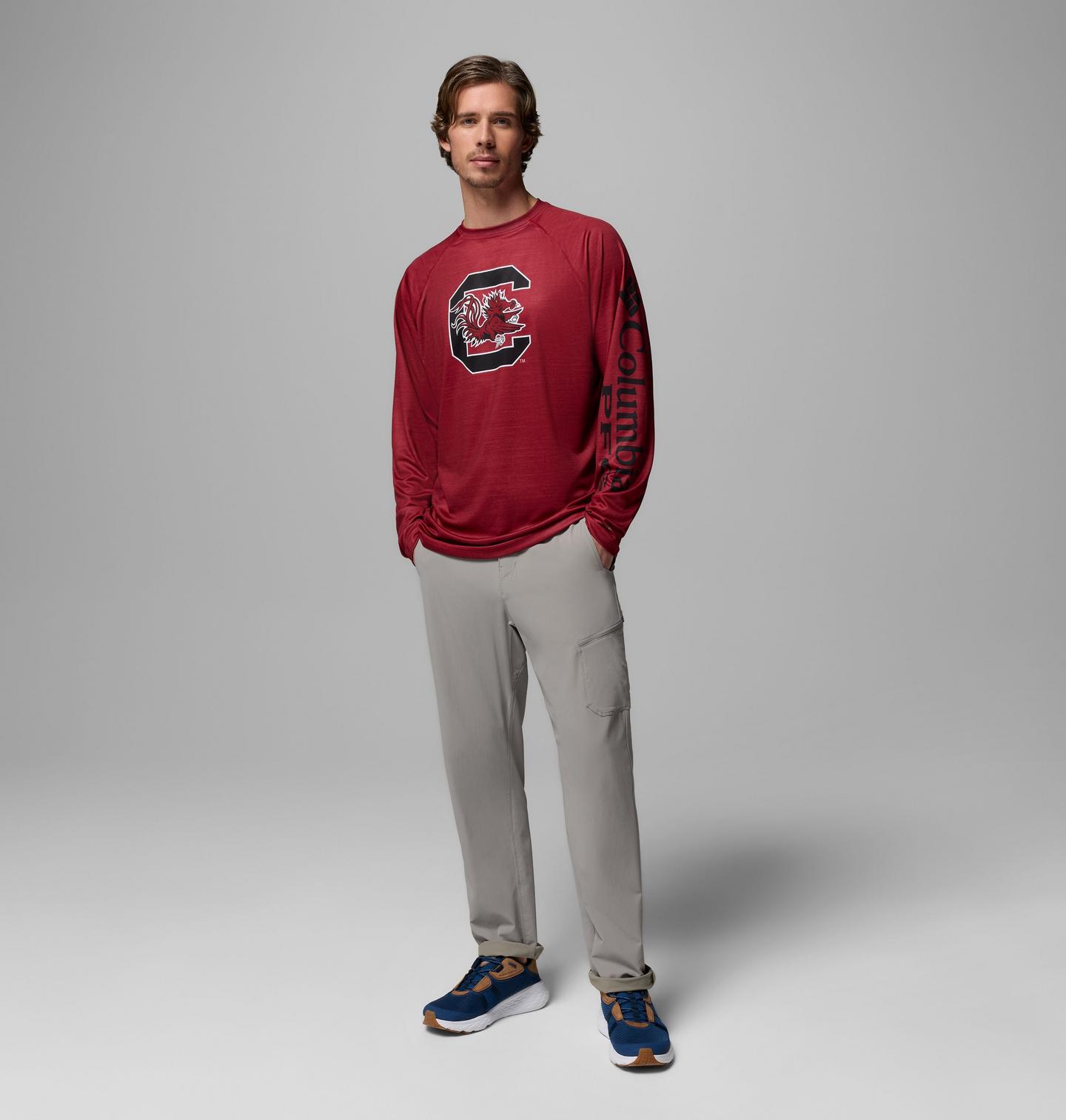 Мужская рубашка Columbia Collegiate PFG Terminal Tackle Heather Long Sleeve Shirt - South Carolina, цвет: Свекольный меланжевый — фото 2