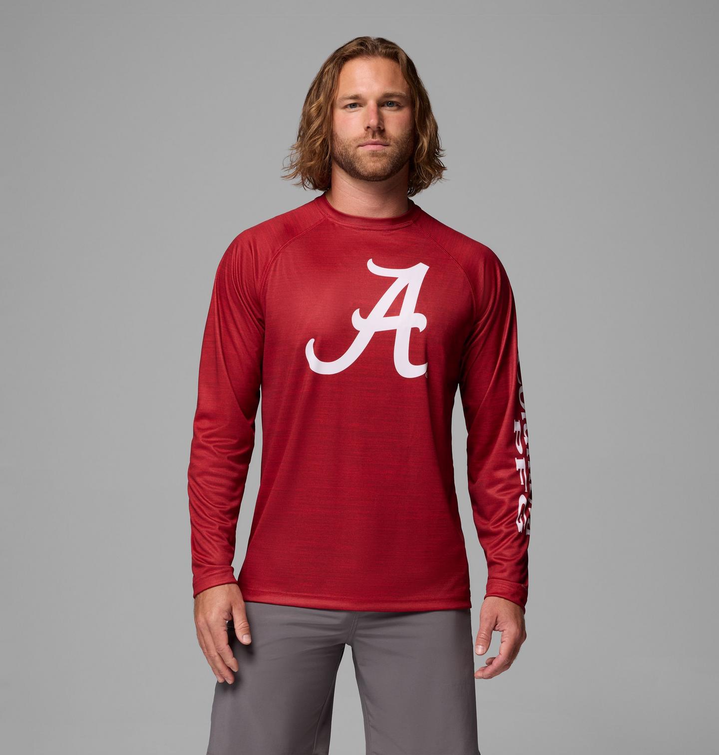 Мужская рубашка Columbia Collegiate PFG Terminal Tackle Heather Long Sleeve Shirt - Alabama, цвет: Красный бархатный меланжевый — фото 1