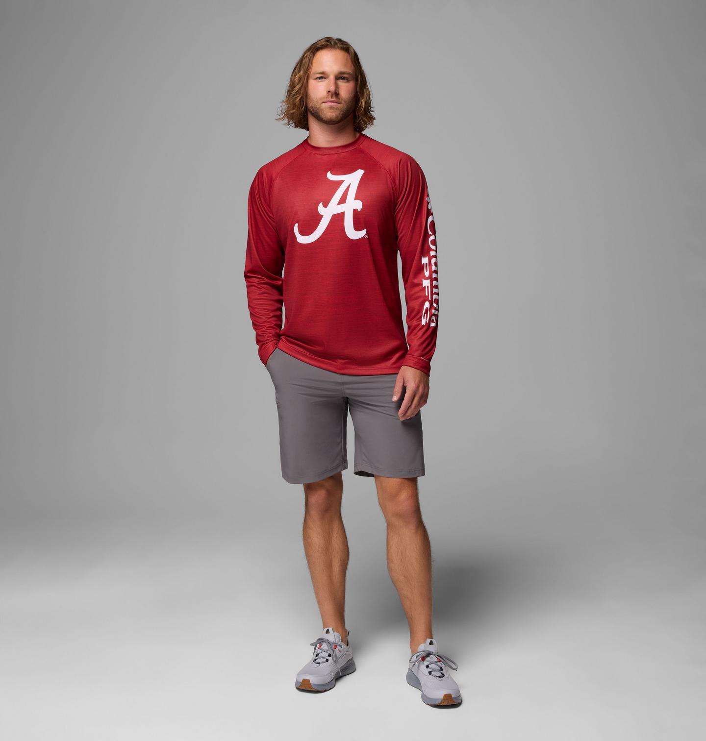Мужская рубашка Columbia Collegiate PFG Terminal Tackle Heather Long Sleeve Shirt - Alabama, цвет: Красный бархатный меланжевый — фото 2
