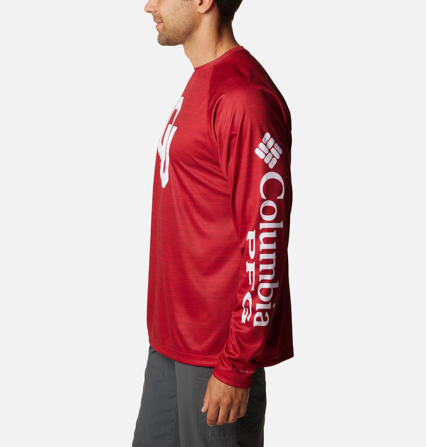 Мужская рубашка Columbia Collegiate PFG Terminal Tackle Heather Long Sleeve Shirt - Oklahoma, цвет: Красный бархатный меланжевый — фото 3