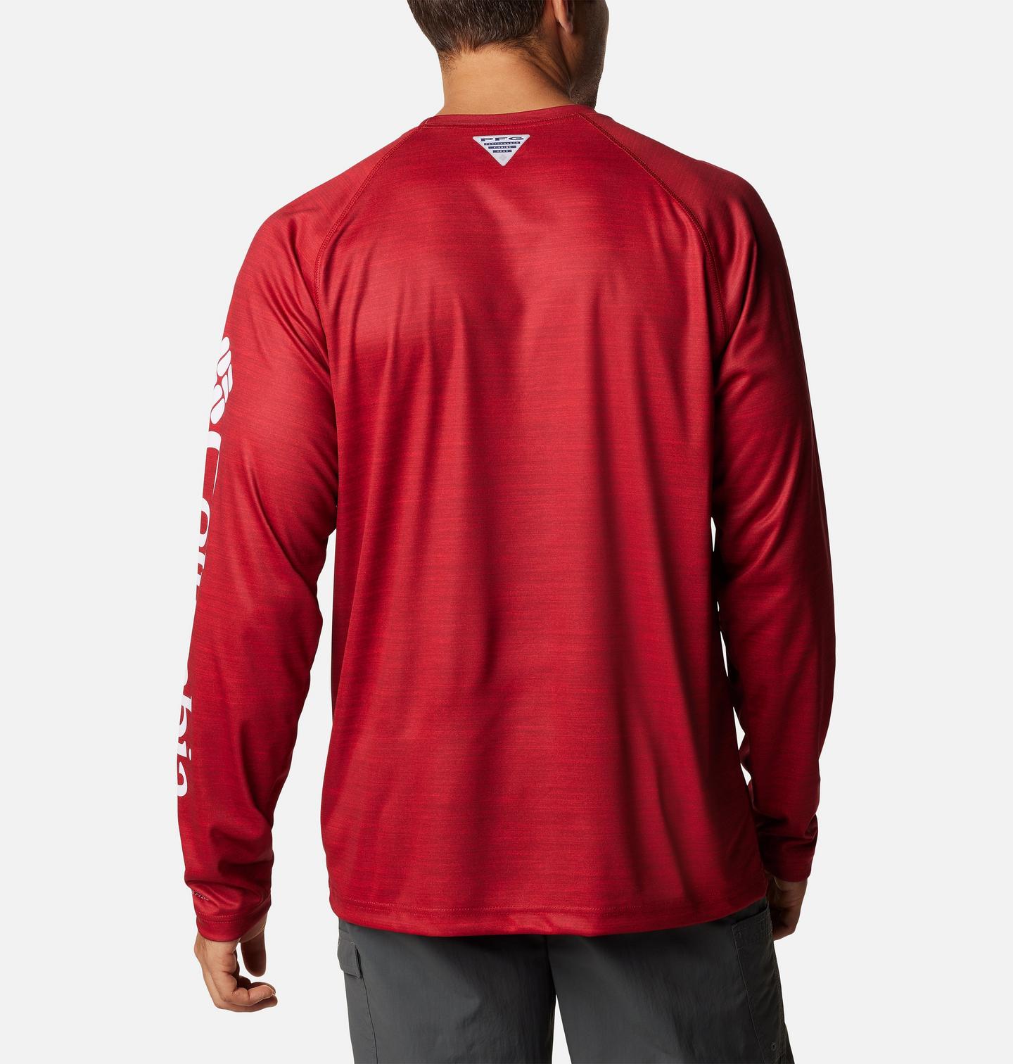 Мужская рубашка Columbia Collegiate PFG Terminal Tackle Heather Long Sleeve Shirt - Oklahoma, цвет: Красный бархатный меланжевый — фото 2