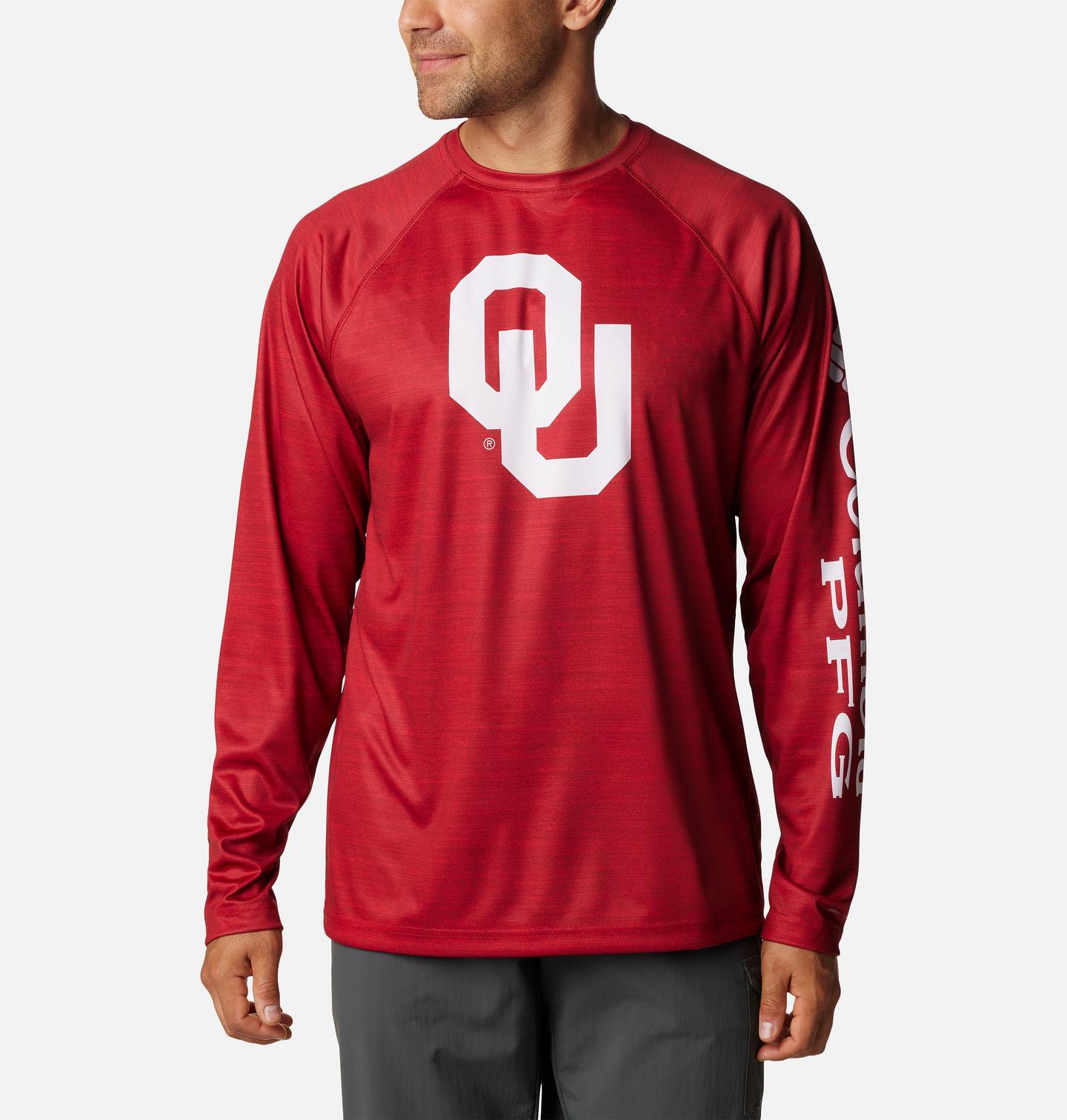 Мужская рубашка Columbia Collegiate PFG Terminal Tackle Heather Long Sleeve Shirt - Oklahoma, цвет: Красный бархатный меланжевый — фото 1