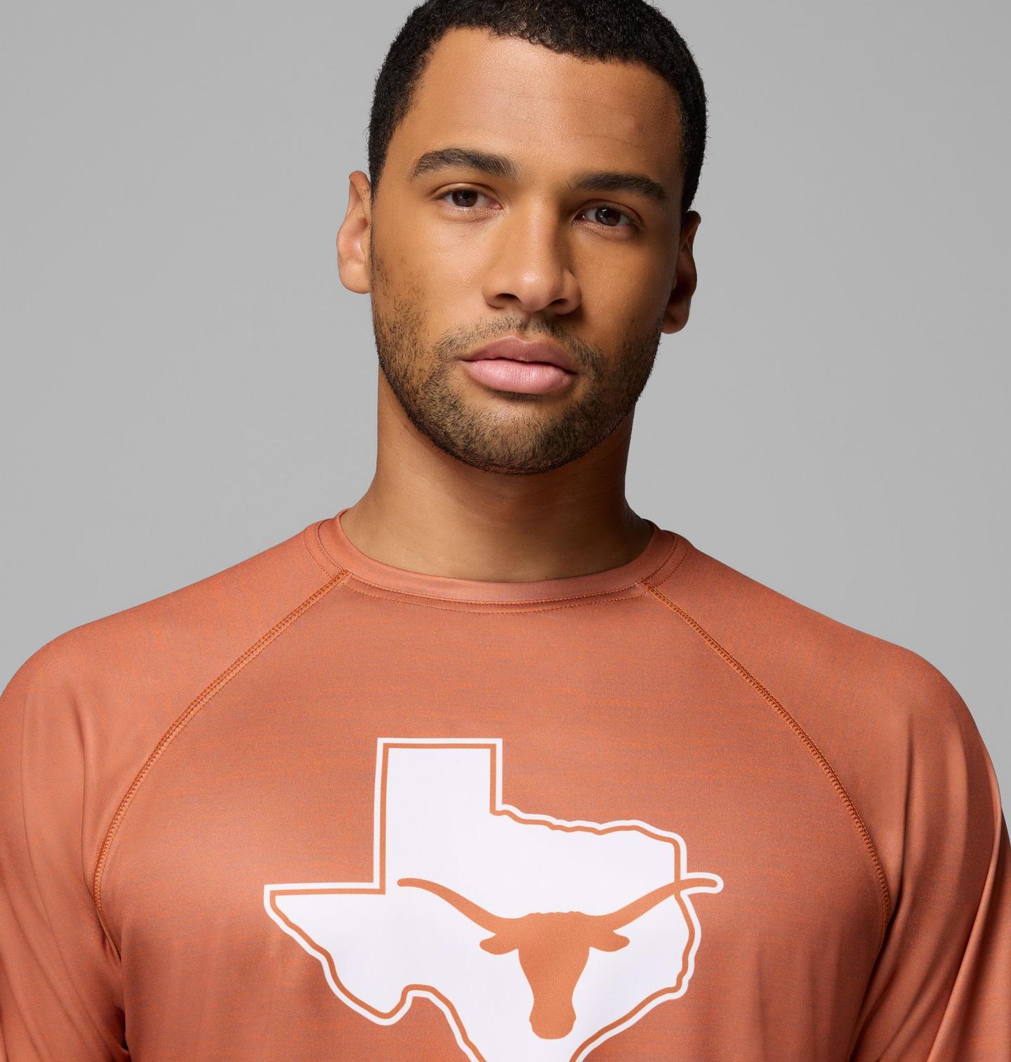 Мужская рубашка Columbia Collegiate PFG Terminal Tackle Heather Long Sleeve Shirt - Texas, цвет: Кедровый меланжевый — фото 3