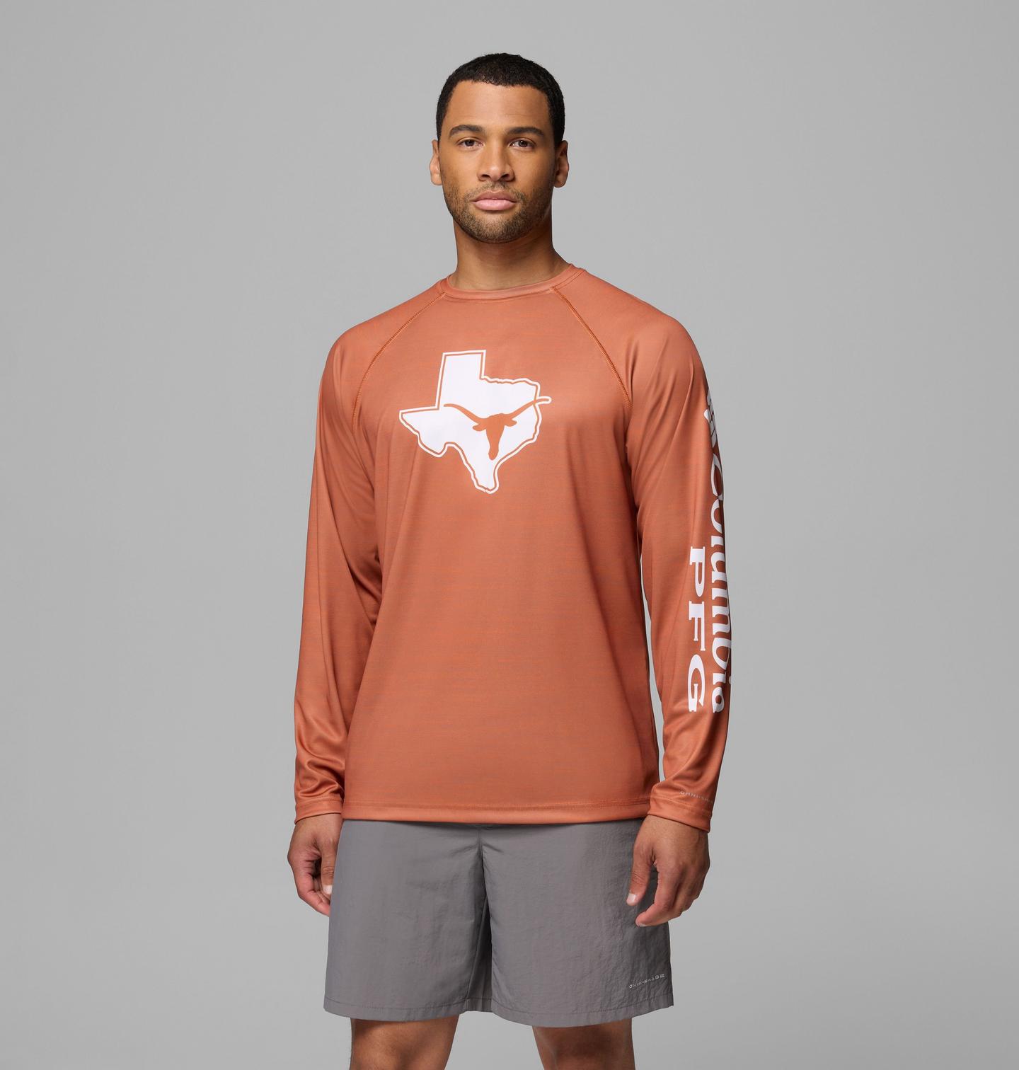 Мужская рубашка Columbia Collegiate PFG Terminal Tackle Heather Long Sleeve Shirt - Texas, цвет: Кедровый меланжевый — фото 1