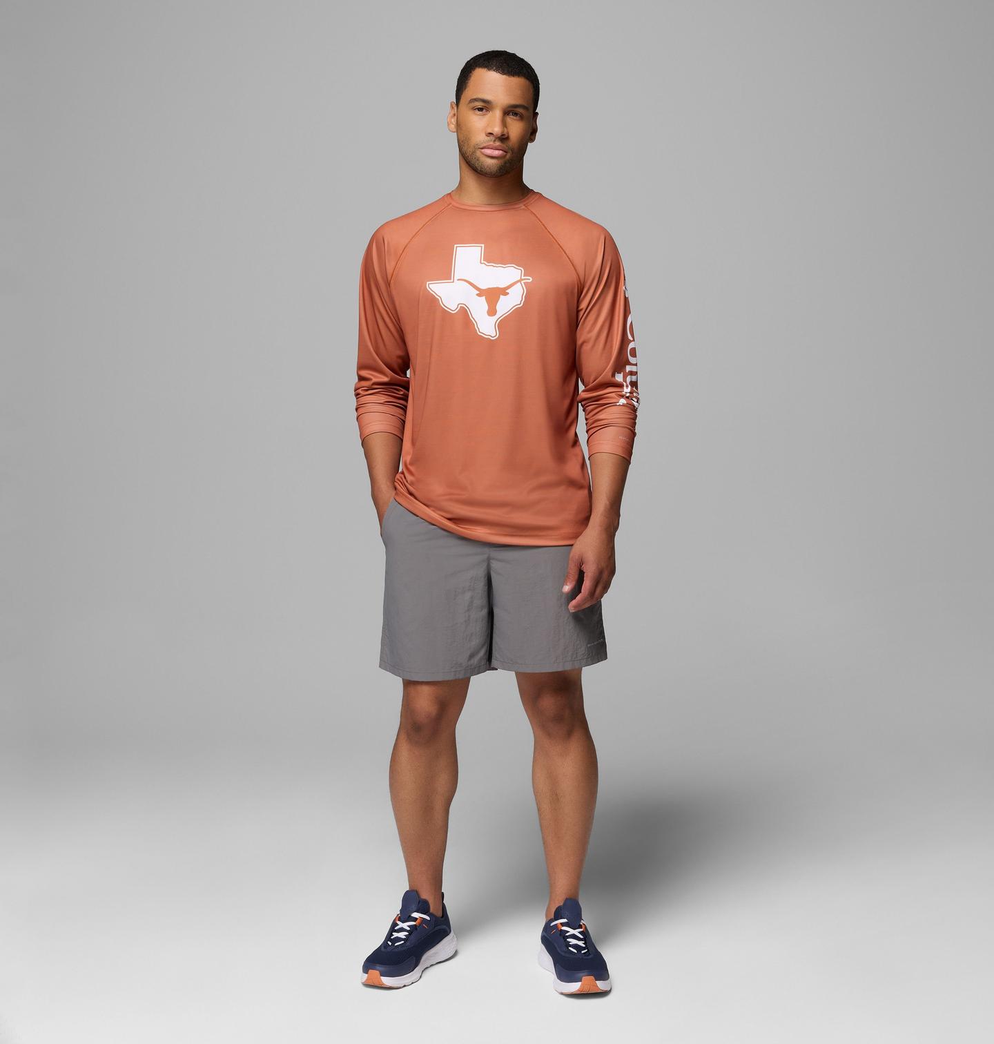 Мужская рубашка Columbia Collegiate PFG Terminal Tackle Heather Long Sleeve Shirt - Texas, цвет: Кедровый меланжевый — фото 2