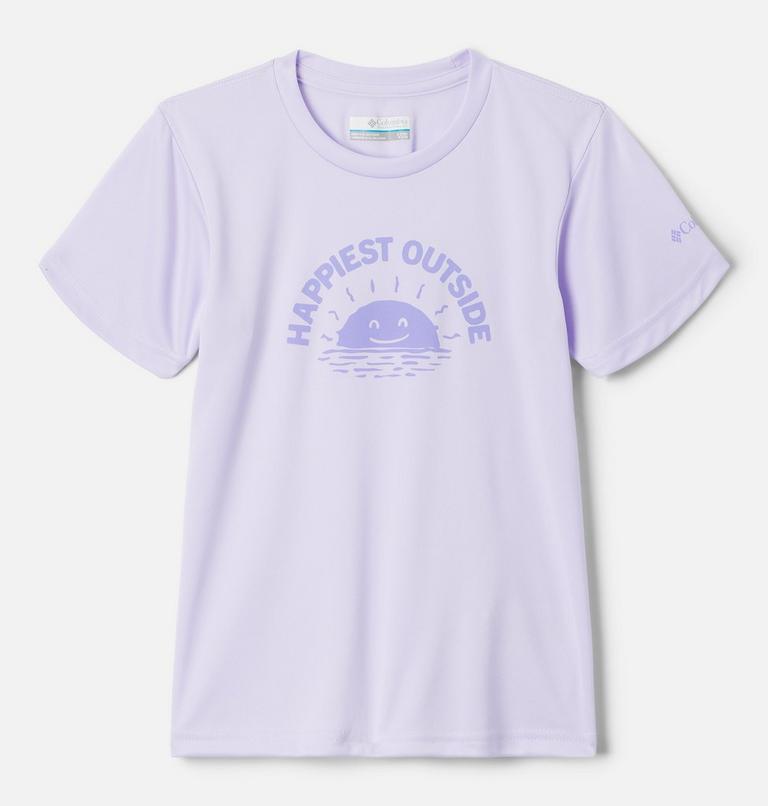 Girls' Fork Stream Technical Graphic T-Shirt, Color: Purple Tint, Happier Outside, image 1