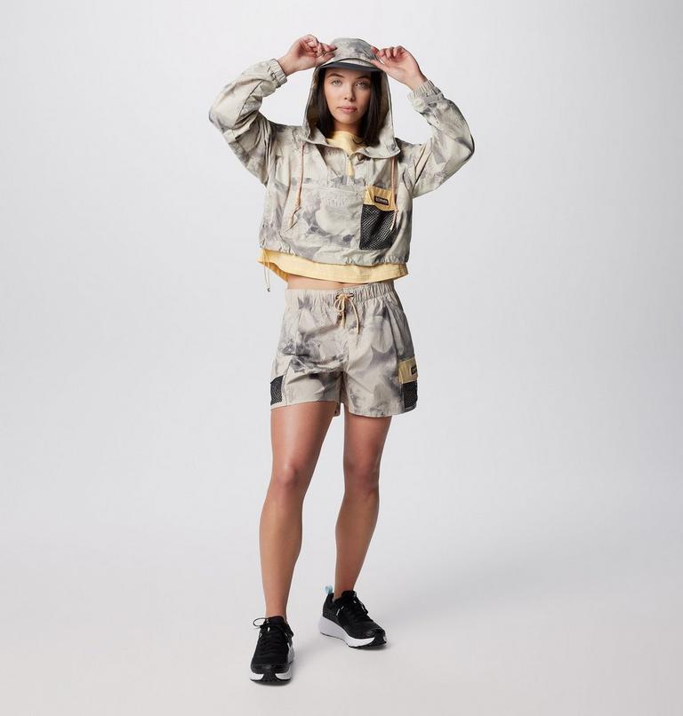 Women's Painted Peak Cropped Windbreaker, Color: Dark Stone Pearhip Print, Sunkissed, image 3