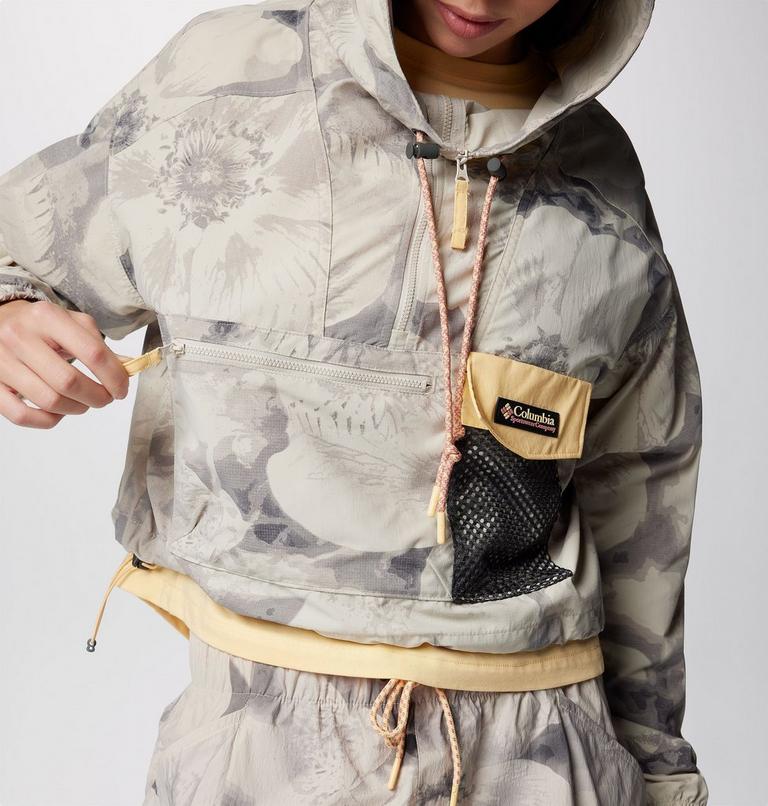 Women's Painted Peak Cropped Windbreaker, Color: Dark Stone Pearhip Print, Sunkissed, image 6