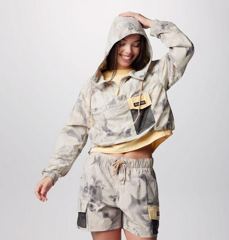 Women's Painted Peak Cropped Windbreaker, Color: Dark Stone Pearhip Print, Sunkissed, image 8