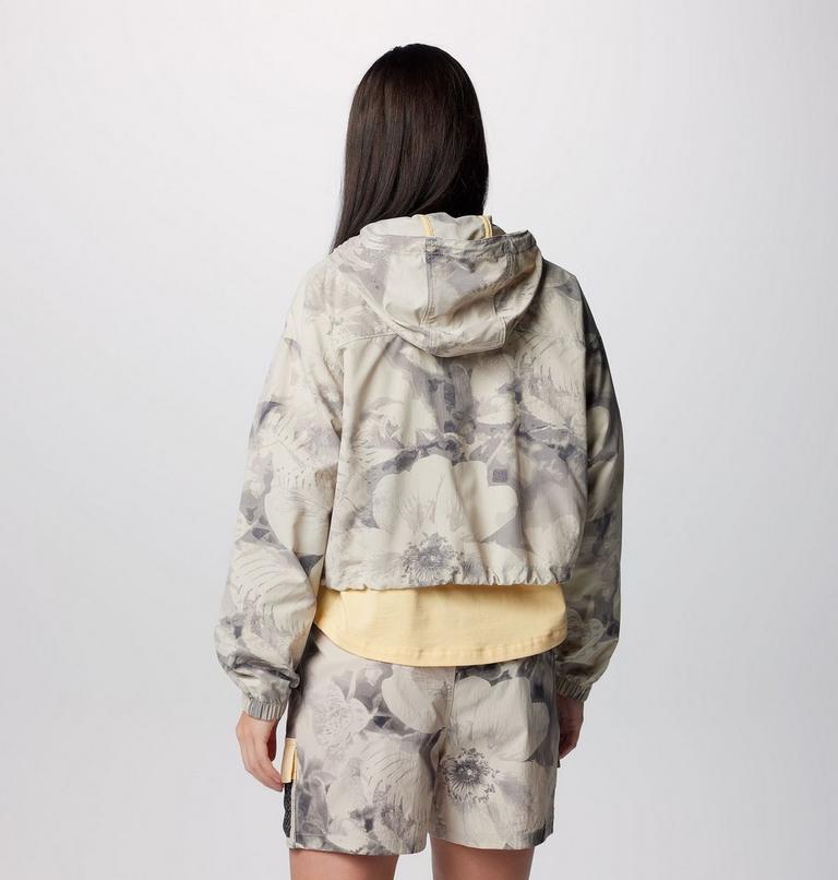Women's Painted Peak Cropped Windbreaker, Color: Dark Stone Pearhip Print, Sunkissed, image 2