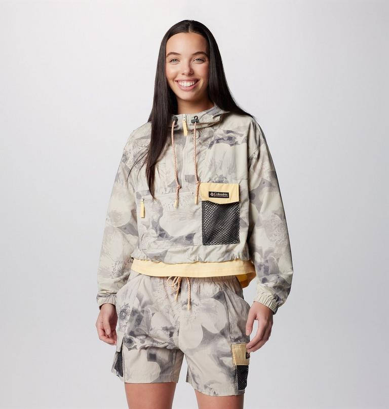 Women's Painted Peak Cropped Windbreaker, Color: Dark Stone Pearhip Print, Sunkissed, image 1