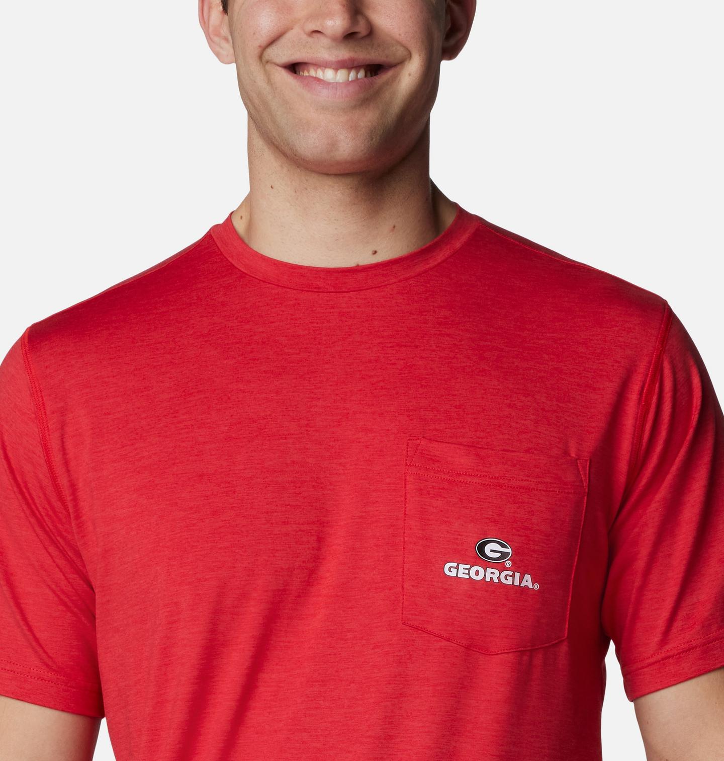 Мужская рубашка Columbia Collegiate Tech Trail Short Sleeve Shirt - Georgia, цвет: Яркий красный — фото 4