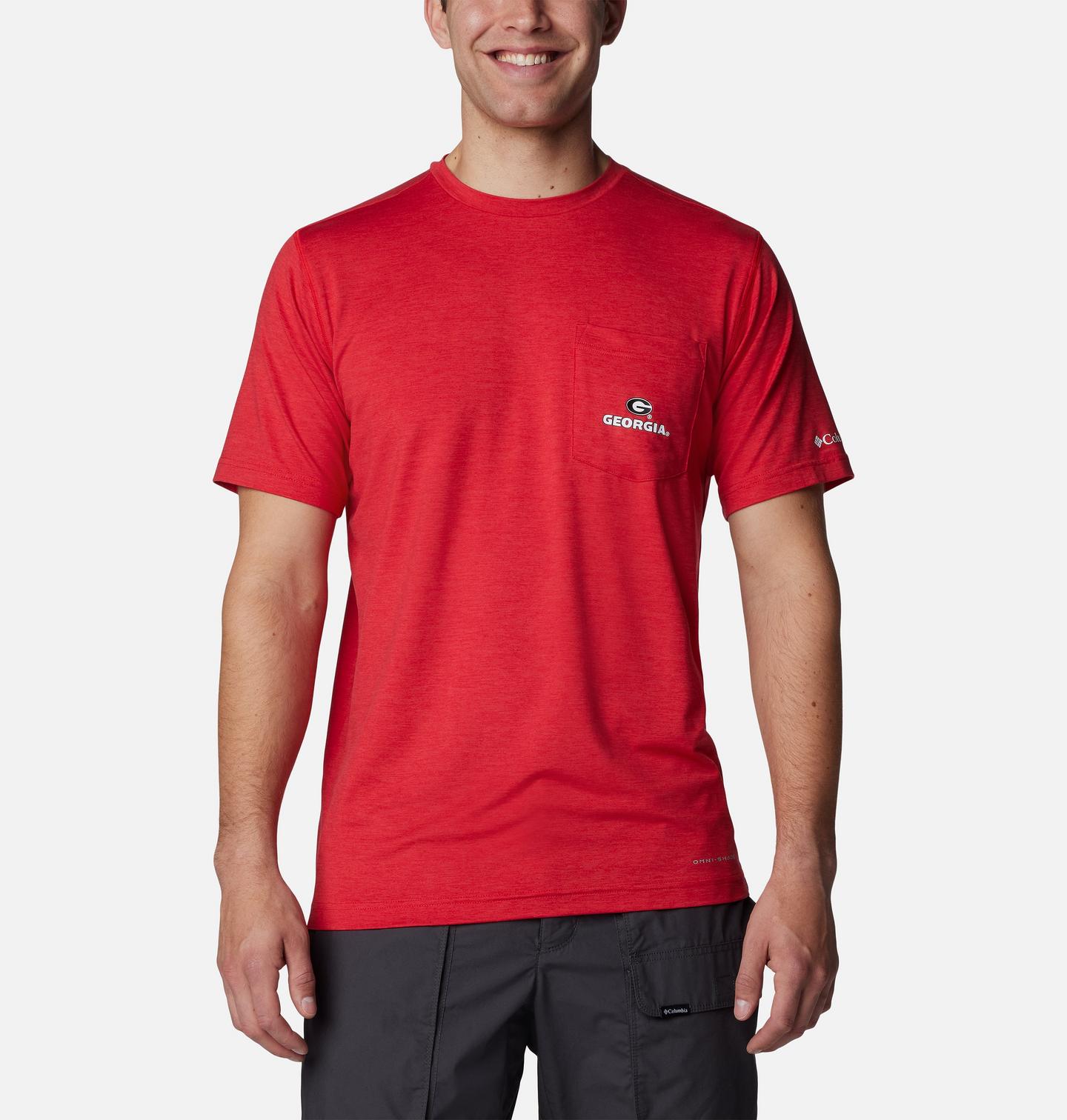 Мужская рубашка Columbia Collegiate Tech Trail Short Sleeve Shirt - Georgia, цвет: Яркий красный — фото 1