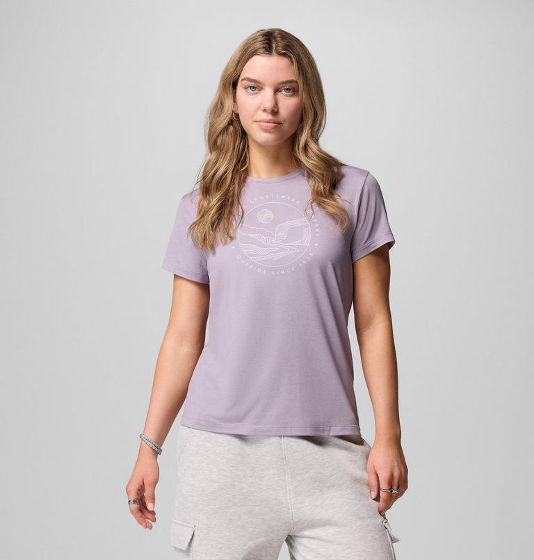 Camiseta técnica estampada Sloan Ridge para mujer, Color: Shale Purple, Linear Landscape, image 1