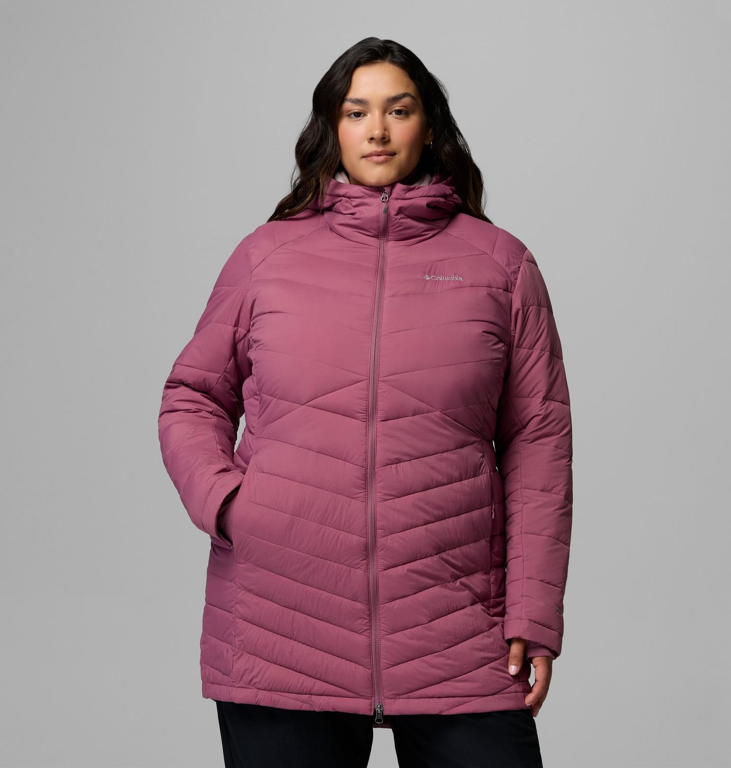 Женская куртка Columbia Joy Peak II Mid Hooded - Plus Size, цвет: Состаренный розовато-лиловый — фото 1