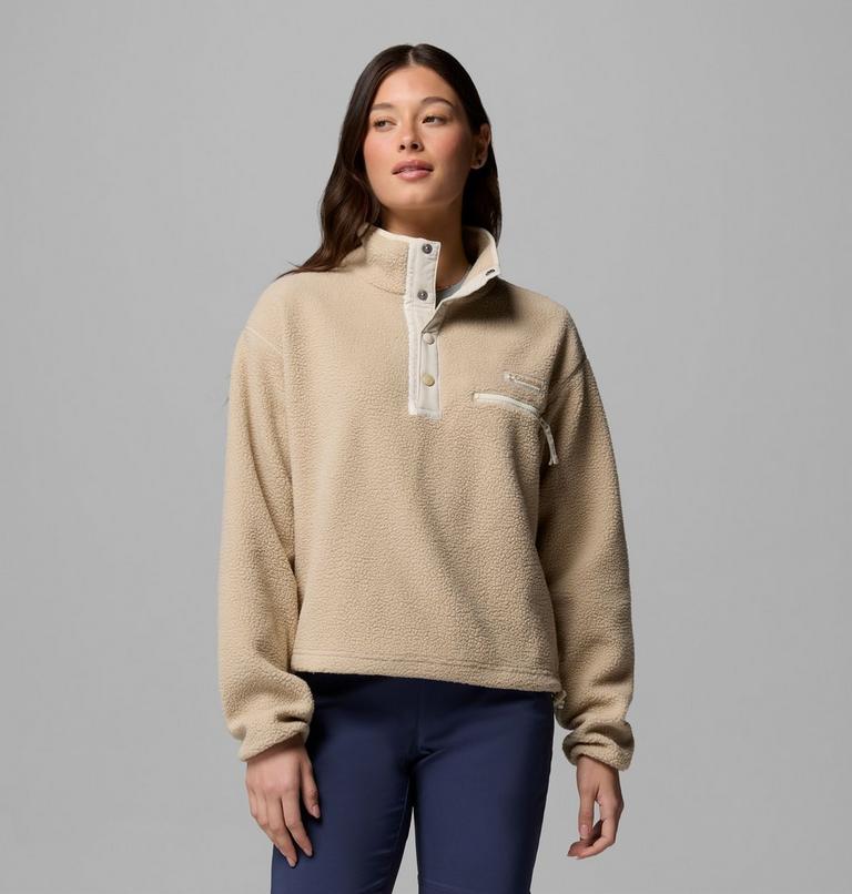 Women's Helvetia II Cropped Sherpa Half Snap Fleece, Color: Ancient Fossil, Dark Stone, Chalk, image 1