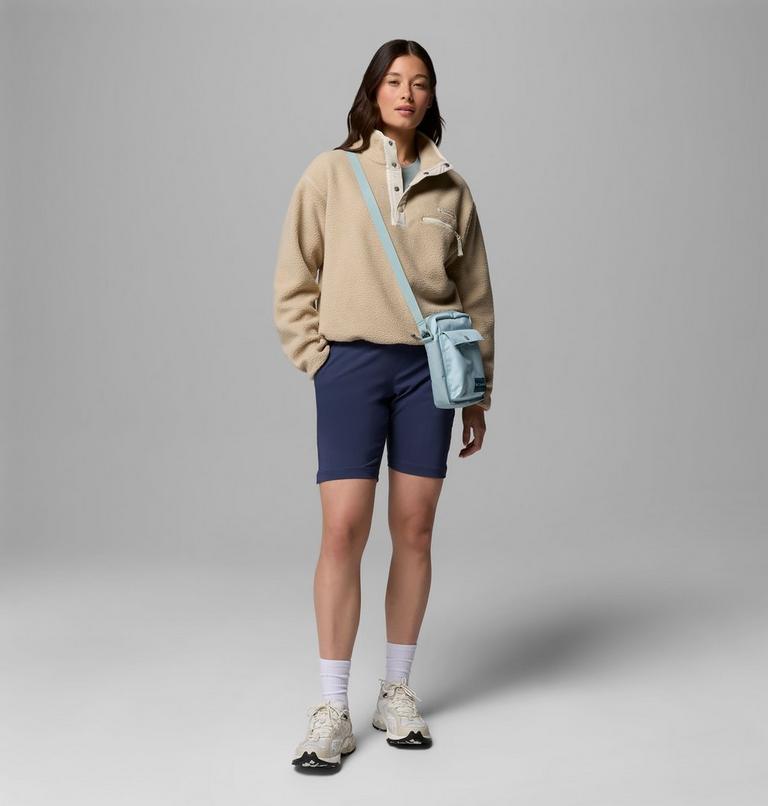 Women's Helvetia II Cropped Sherpa Half Snap Fleece, Color: Ancient Fossil, Dark Stone, Chalk, image 2