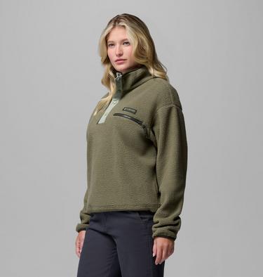 Women's Helvetia II Cropped Sherpa Half Snap Fleece, Color: Stone Green, Safari, image 20