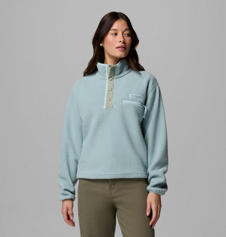 Women's Helvetia II Cropped Sherpa Half Snap Fleece, Color: Crushed Blue, Safari, Marine Light, image 1