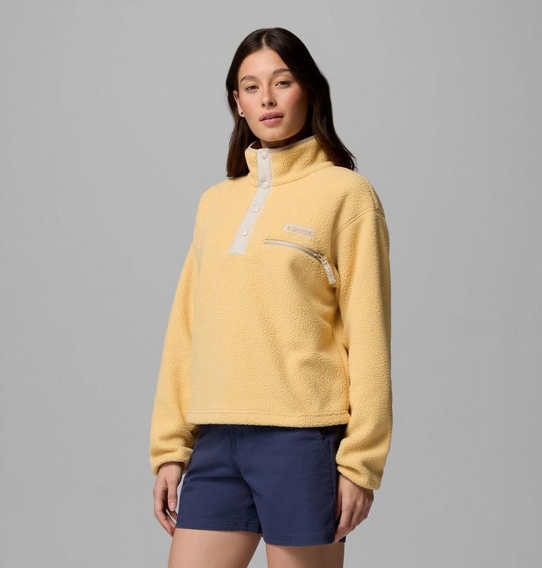 Women's Helvetia II Cropped Sherpa Half Snap Fleece, Color: Sand Dune, Dark Stone, Ancient Fossil, image 4