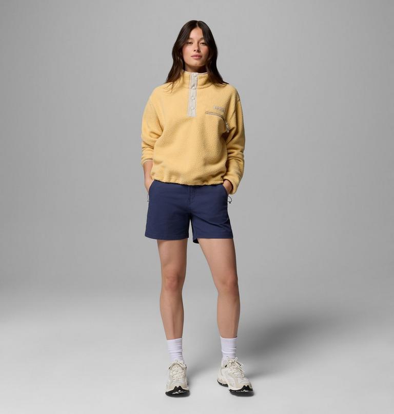 Women's Helvetia II Cropped Sherpa Half Snap Fleece, Color: Sand Dune, Dark Stone, Ancient Fossil, image 2