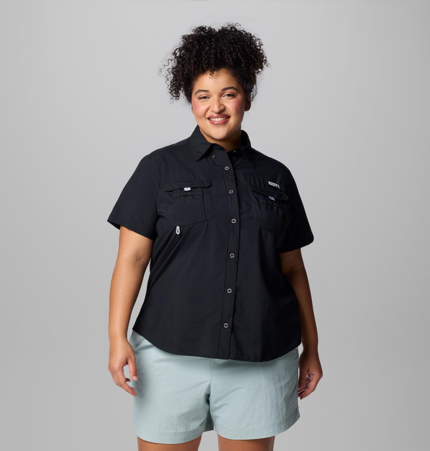 Женская рубашка Columbia PFG Bahama Short Sleeve Shirt - Plus Size, цвет: Чёрный — фото 1