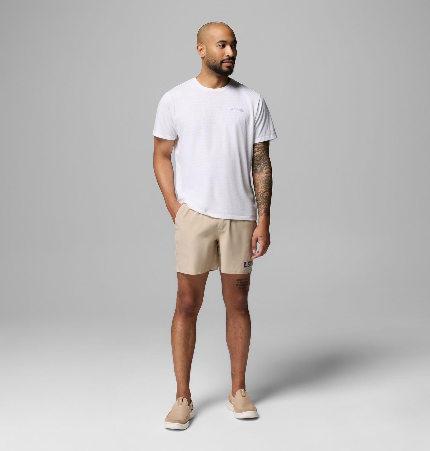 Мужские шорты Columbia Collegiate PFG Terminal Roamer Stretch Shorts - LSU, цвет: Серо-бежевый — фото 2