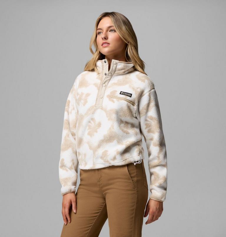 Women's Helvetia II Cropped Sherpa Half Snap Printed Fleece, Color: Sea Salt, Sprayflower, image 4