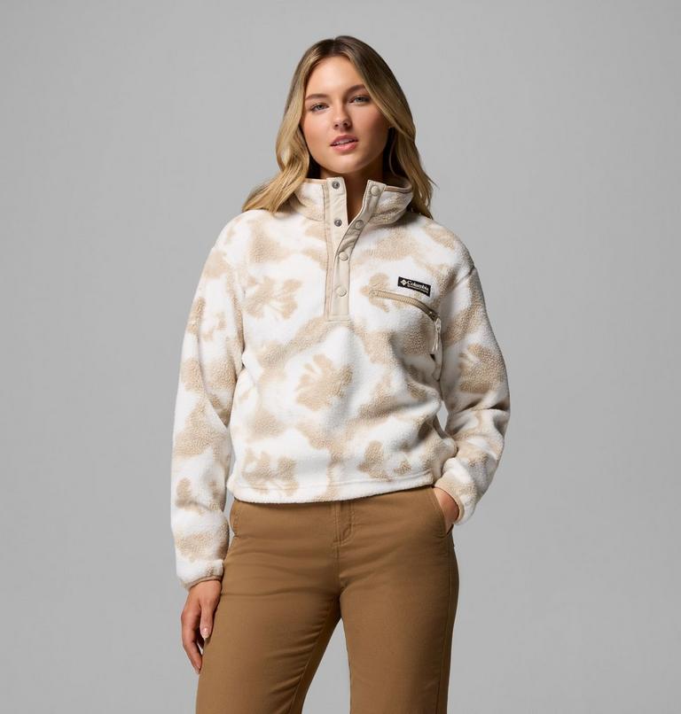 Women's Helvetia II Cropped Sherpa Half Snap Printed Fleece, Color: Sea Salt, Sprayflower, image 1
