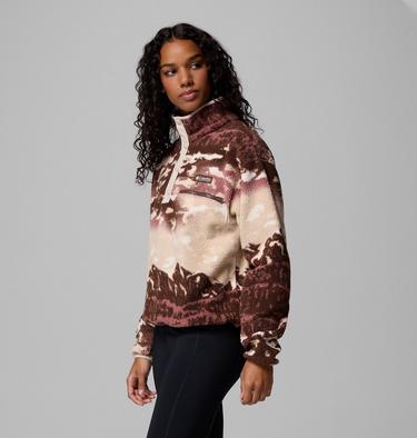 Women's Helvetia II Cropped Sherpa Half Snap Printed Fleece, Color: Tobacco Sisters, Dark Stone, image 4