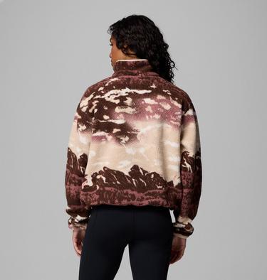 Women's Helvetia II Cropped Sherpa Half Snap Printed Fleece, Color: Tobacco Sisters, Dark Stone, image 3