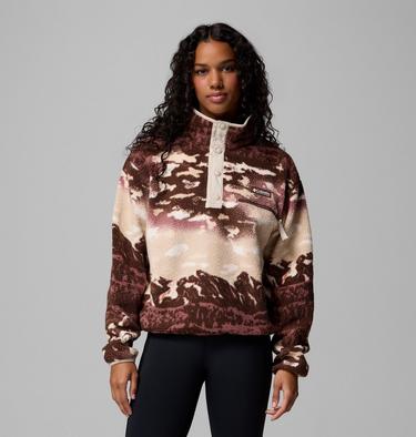 Women's Helvetia II Cropped Sherpa Half Snap Printed Fleece, Color: Tobacco Sisters, Dark Stone, image 1