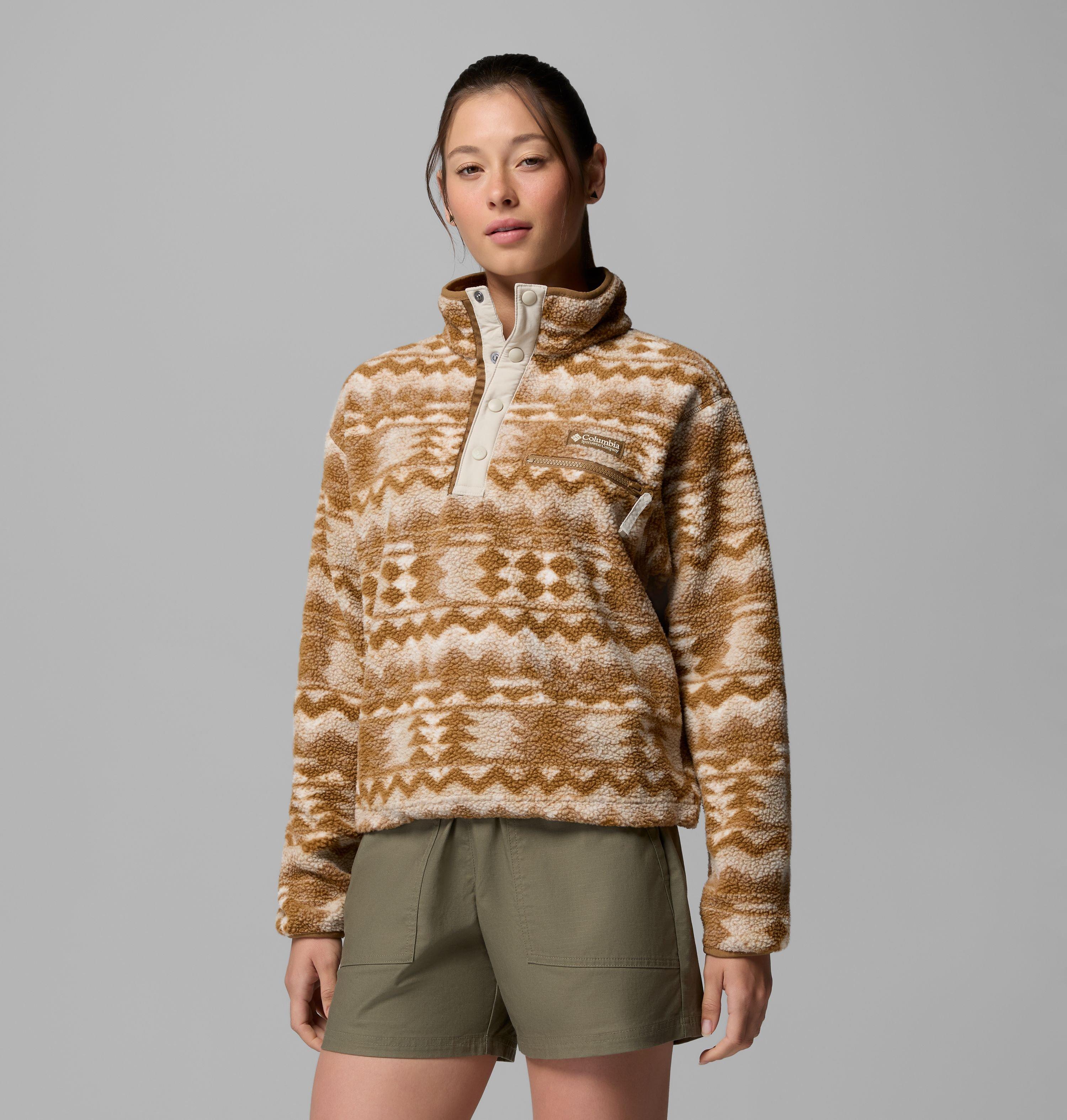 Columbia Sportswear Women's Brown Columbia - Helvetia™ Ii Cropped Sherpa Half Snap Printed Fleece - Delta, Retrotree Small