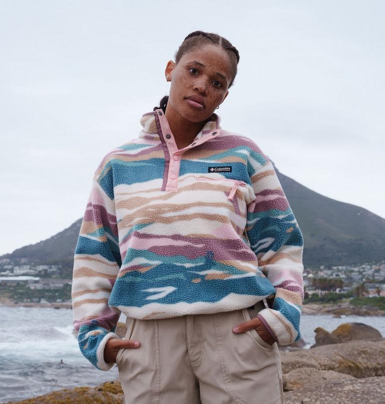 Women's Helvetia II Cropped Sherpa Half Snap Printed Fleece, Color: River Blue Rogue Valley, image 6