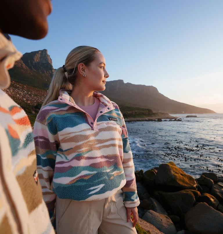 Women's Helvetia II Cropped Sherpa Half Snap Printed Fleece, Color: River Blue Rogue Valley, image 7