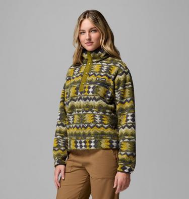 Women's Helvetia II Cropped Sherpa Half Snap Printed Fleece, Color: Mossy Green, Retrotree, image 12