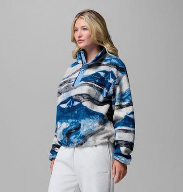 Women's Helvetia II Cropped Sherpa Half Snap Printed Fleece, Color: Phoenix Blue, Summits, image 28