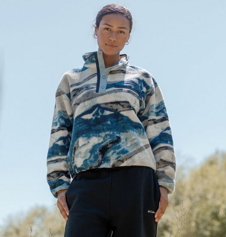 Women's Helvetia II Cropped Sherpa Half Snap Printed Fleece, Color: Phoenix Blue, Summits, image 7