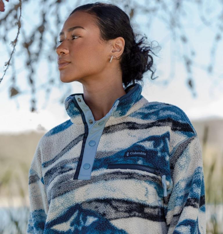 Women's Helvetia II Cropped Sherpa Half Snap Printed Fleece, Color: Phoenix Blue, Summits, image 8