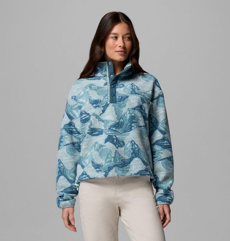 Women's Helvetia II Cropped Sherpa Half Snap Printed Fleece, Color: Marine Light, Sunscape, image 1