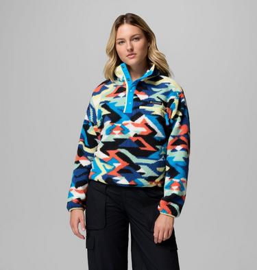 Women's Helvetia II Cropped Sherpa Half Snap Printed Fleece, Color: Compass Blue Reflections, Compass Blue, , image 5