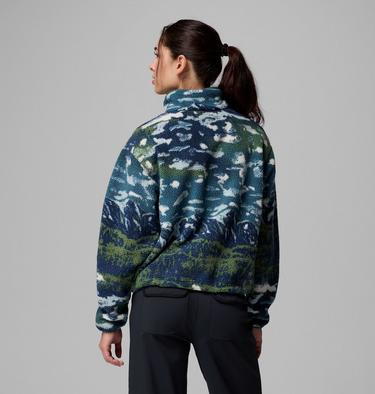 Women's Helvetia II Cropped Sherpa Half Snap Printed Fleece, Color: Everblue Sisters, Rain Forest, image 7