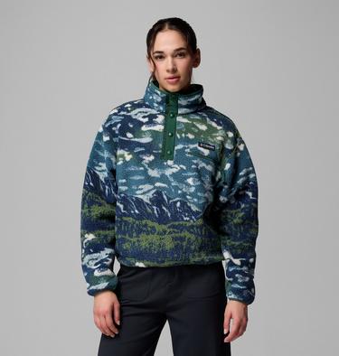 Women's Helvetia II Cropped Sherpa Half Snap Printed Fleece, Color: Everblue Sisters, Rain Forest, image 3