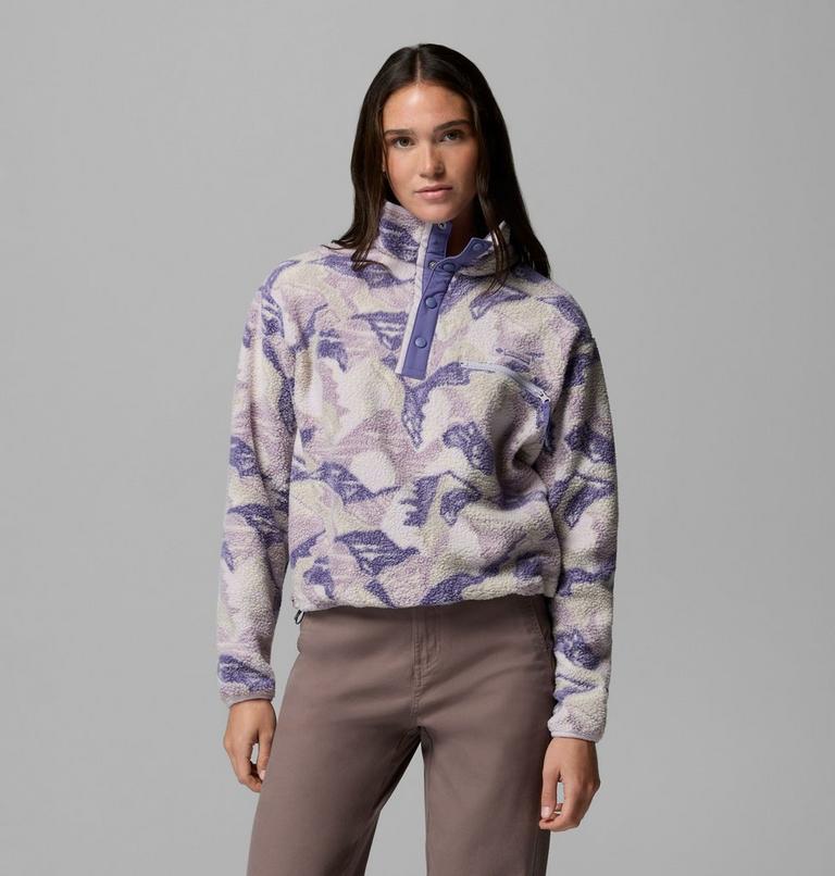 Women's Helvetia II Cropped Sherpa Half Snap Printed Fleece, Color: Lavender Pearl, Sunscape, image 1