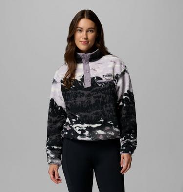 Women's Helvetia II Cropped Sherpa Half Snap Printed Fleece, Color: Shale Purple Sisters, Shale Purple, image 5