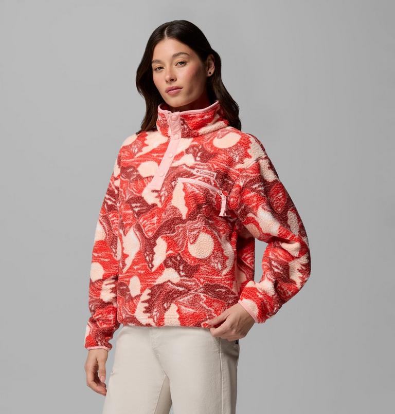 Women's Helvetia II Cropped Sherpa Half Snap Printed Fleece, Color: Poppy Red, Sunscape, image 4